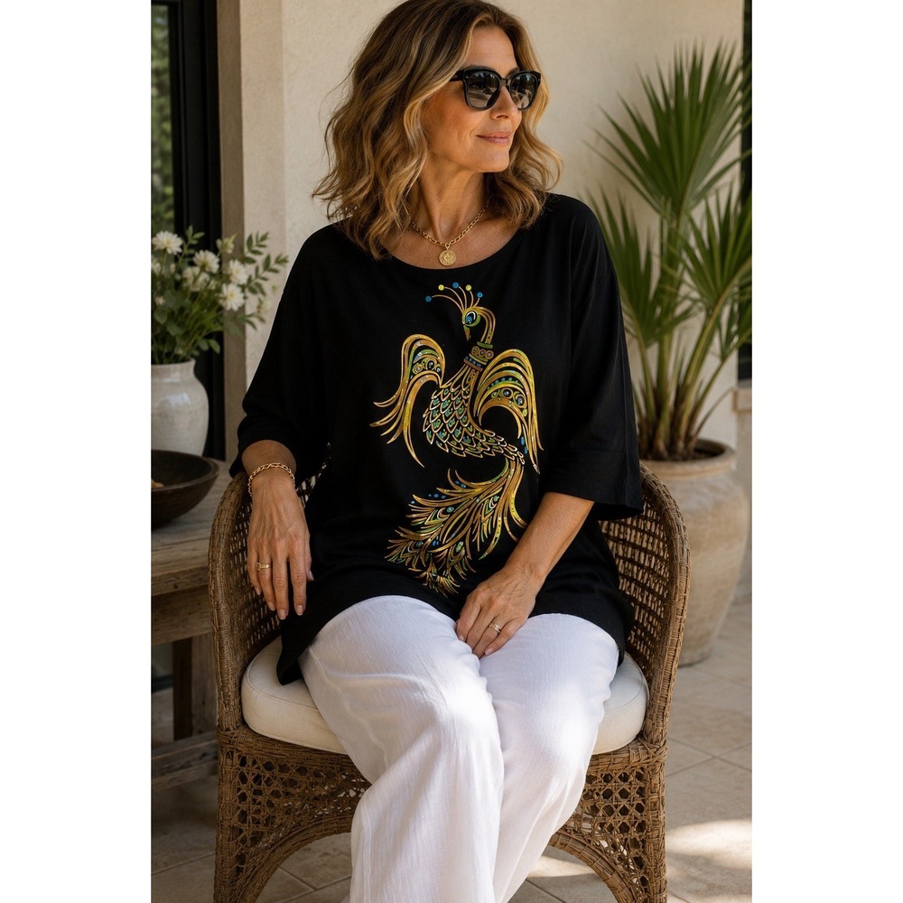 Bob Mackie Wearable Art Phoenix Top Women's 1X‎ Black Embellished Graphic Tee